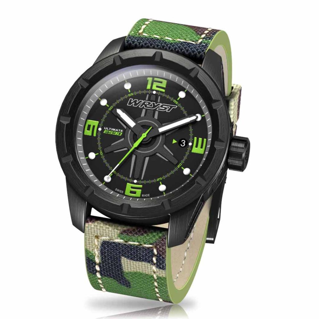 Swiss black DLC army watch with camouflage bracelet