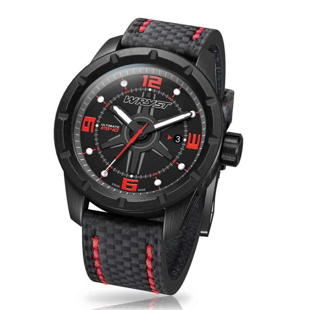 Best black watch worn with a carbon fiber black bracelet with red stitches