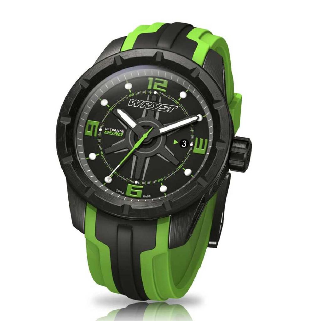 Bold black face watch with green band