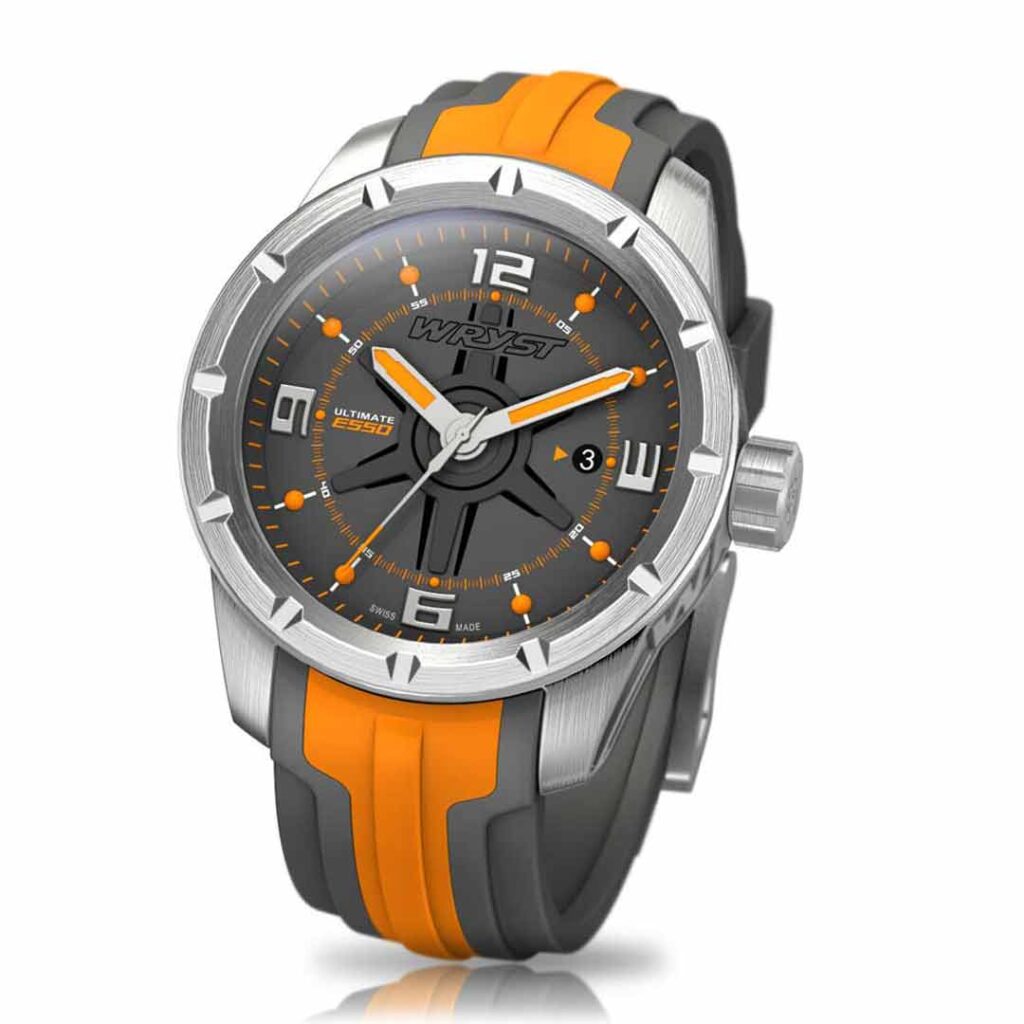 Stainless steel watch with orange band