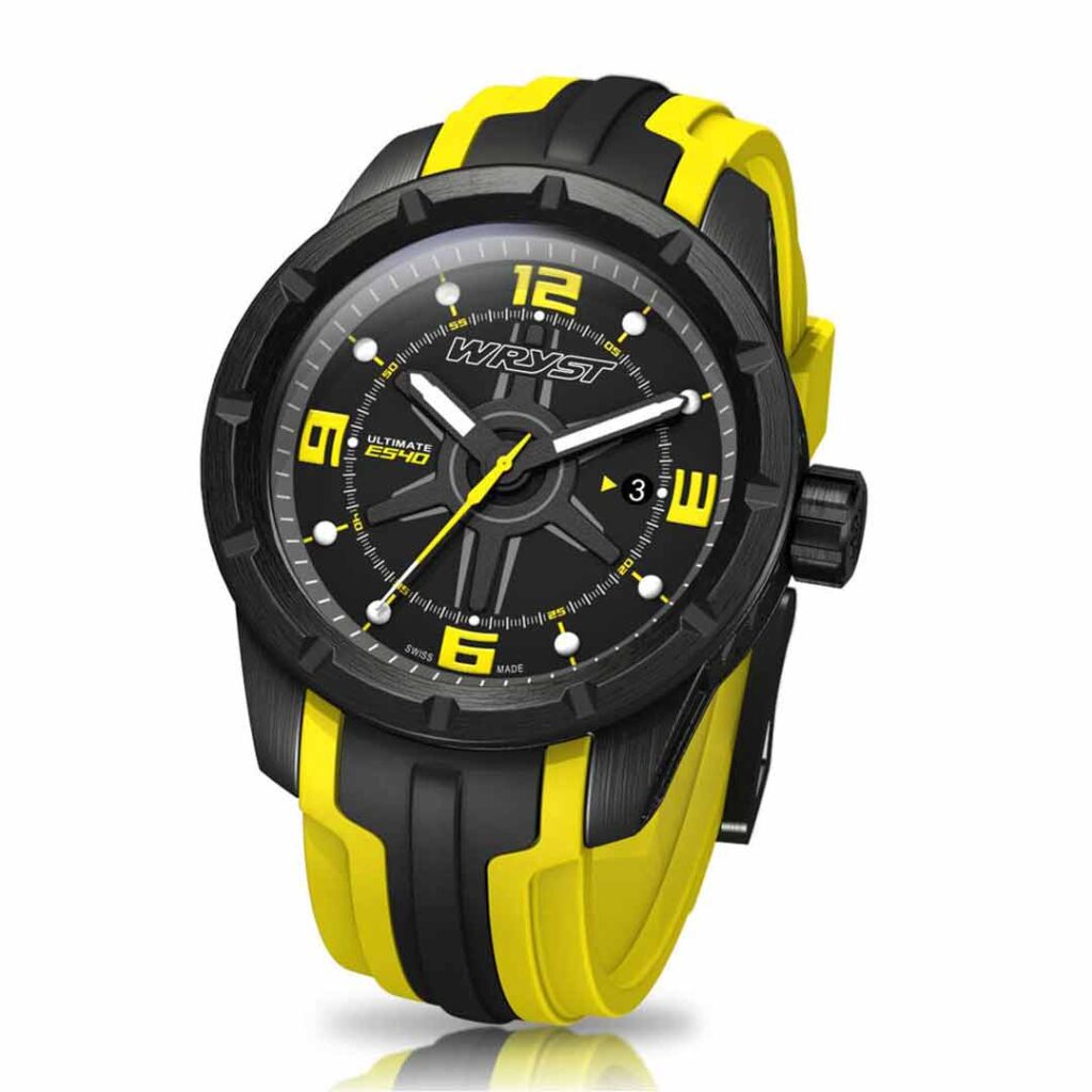 Black and yellow watch with a yellow bracelet