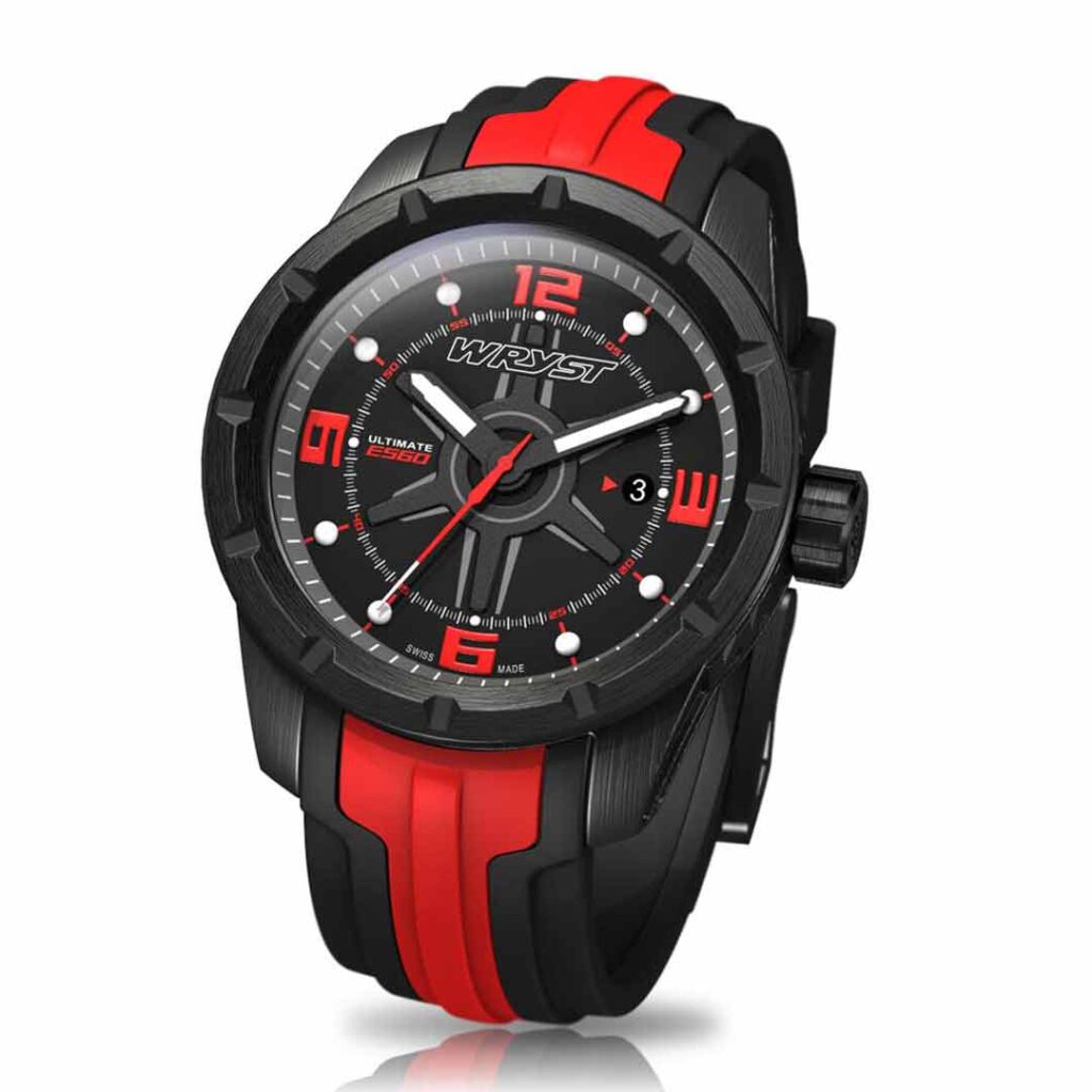 Red and black details watch with red bracelet