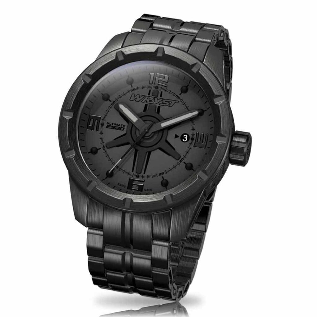 Integral black sports watch with black metal bracelet with DLC Coating