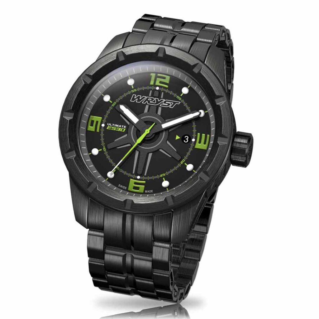 Black metal bracelet watch black dial green details