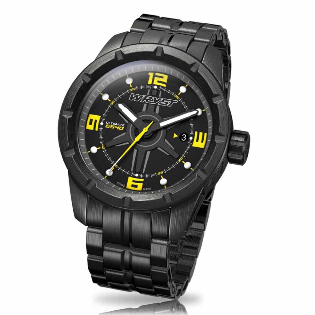 Black and yellow dial watch black DLC metal band